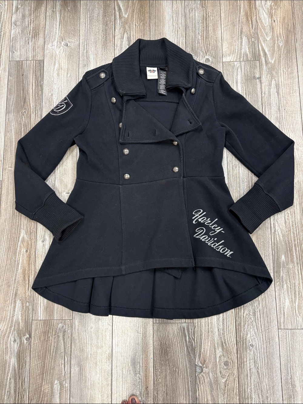 Harley-Davidson Women's Black Double-Breasted Pea Coat with Ribbed Collar